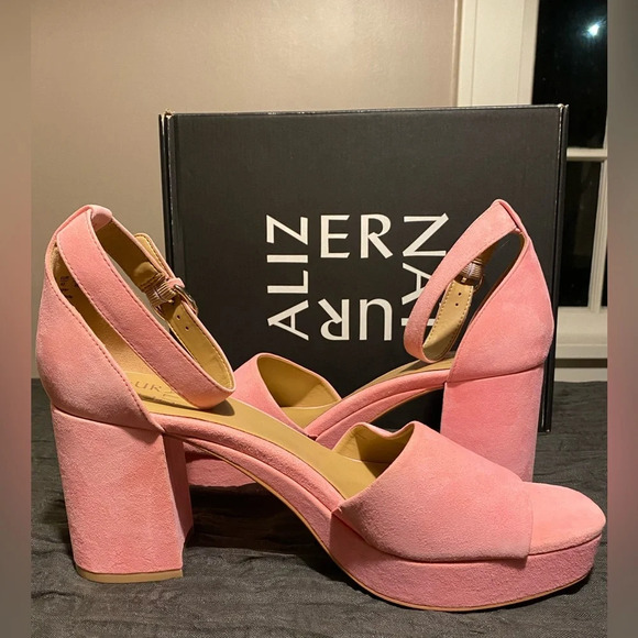 Naturalizer “Pearlyn” pink flamingo suede platform strappy heels size 12W - Picture 7 of 9